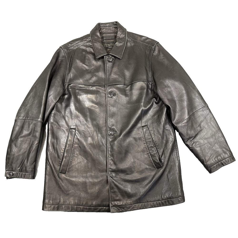 Claiborne Lambskin Leather Jacket Mens L Black Soft Leather Coat Button Front